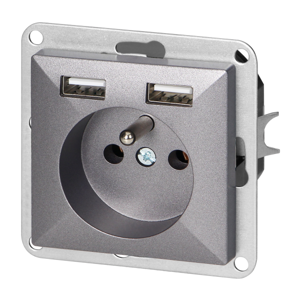 Flush-mounted single socket 2P+E with charger Pearl, 16A, 250V, PT-16P/USB, anthracite