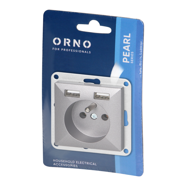 Flush-mounted single socket 2P+E with charger Pearl, 16A, 250V, PT-16P/USB, anthracite