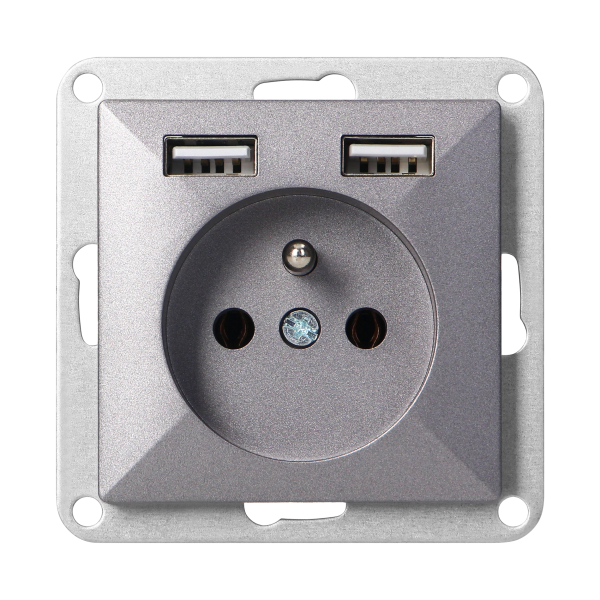 Flush-mounted single socket 2P+E with charger Pearl, 16A, 250V, PT-16P/USB, anthracite