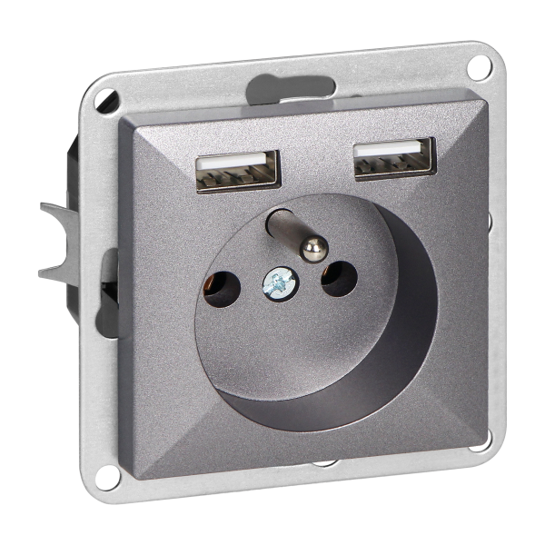 Flush-mounted single socket 2P+E with charger Pearl, 16A, 250V, PT-16P/USB, anthracite