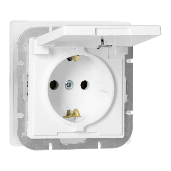 Flush-mounted single socket 2P+E Schuko weather proof with cover Pearl, 16A, 250V, PT-17PH, white