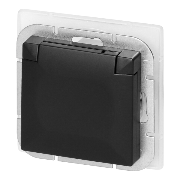 Flush-mounted single socket 2P+E Schuko weather proof with cover Pearl, 16A, 250V, PT-17PH, black