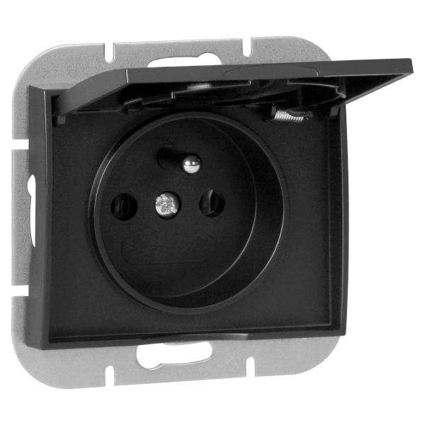 Flush-mounted single socket 2P+E weather proof with cover Onyx, 16A, 250V, PT-16OH, black