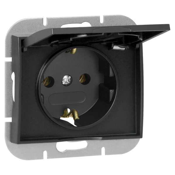 Flush-mounted single socket 2P+E Schuko weather proof with cover Onyx, 16A, 250V, PT-17OH, black