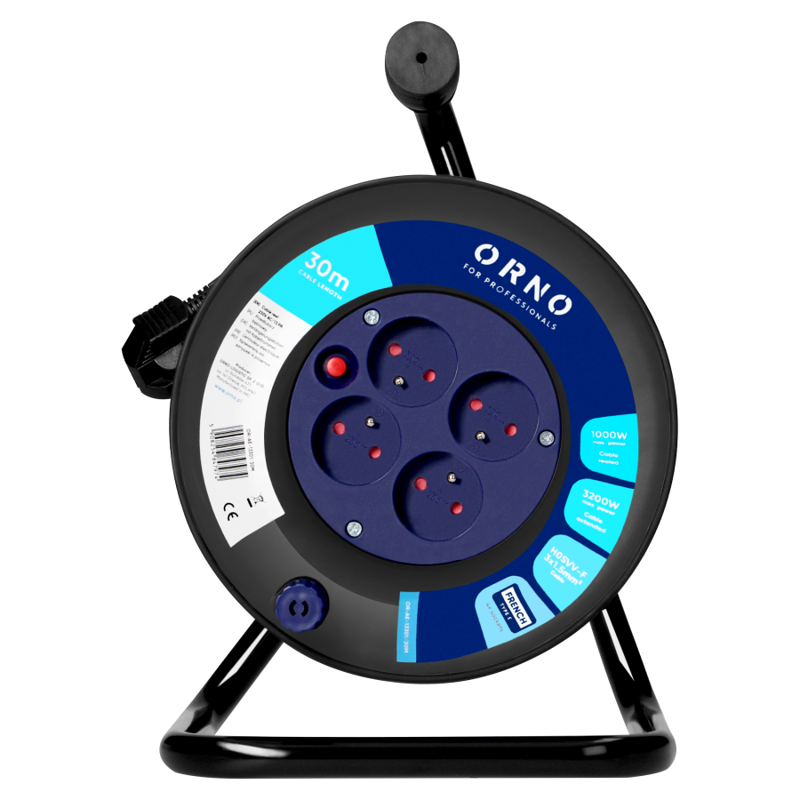 Cable reel, 4 sockets, 2P+E, PVC H05VV-F 3x1.5mm2, 30m, overload protection, safety shutters