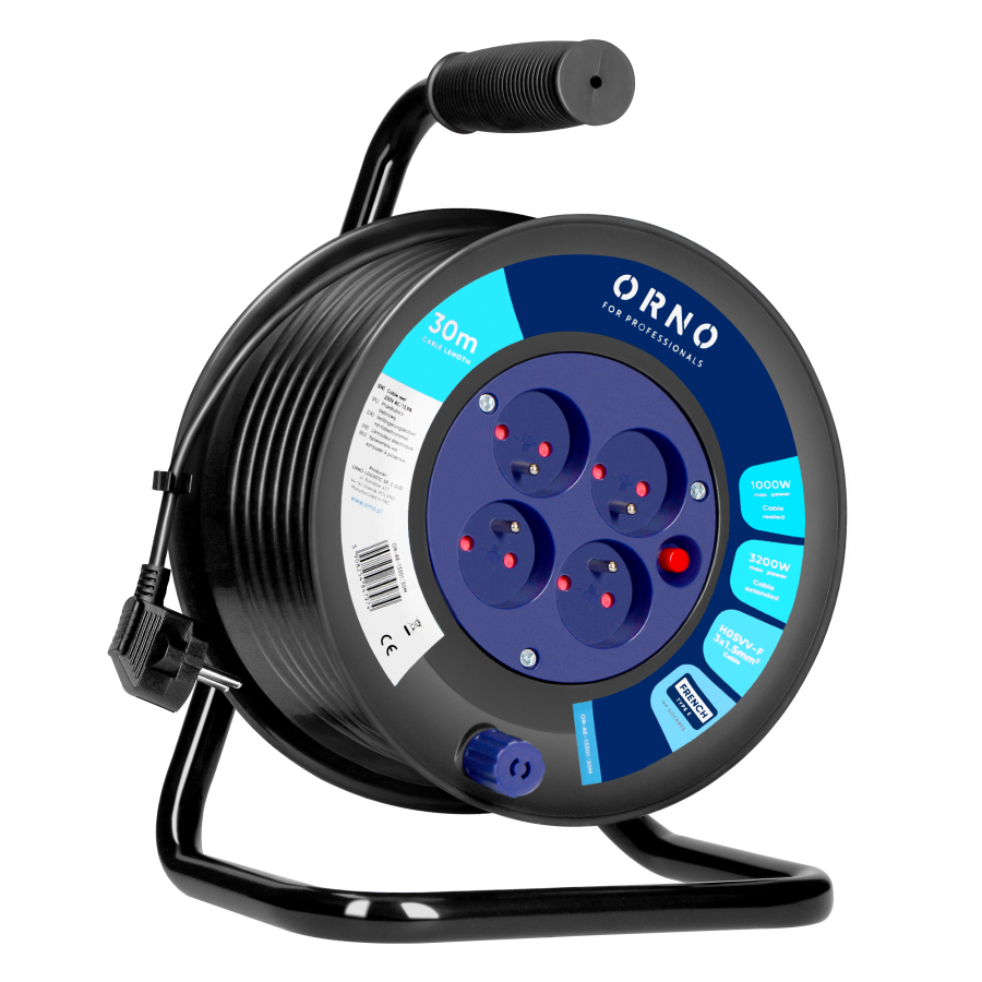 Przedłużacz bębnowy, 4 gniazda 2P+Z, kabel PVC H05VV-F 3x1.5mm2, 30m, termik, przesłony torów prądowych