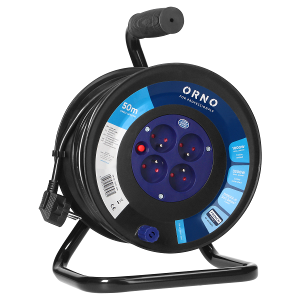 Przedłużacz bębnowy, 4 gniazda 2P+Z, kabel PVC H05VV-F 3x1.5mm2, 50m, termik, przesłony torów prądowych