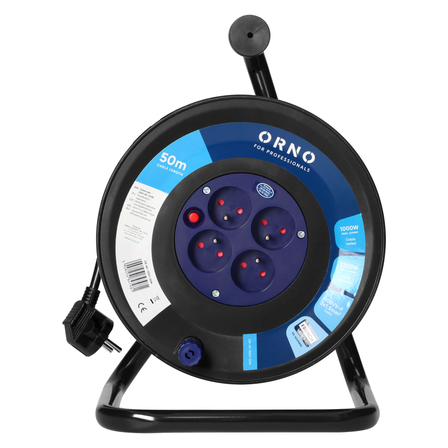 Cable reel, 4 sockets, 2P+E, PVC H05VV-F 3x1.5mm2, 50m, overload protection, safety shutters