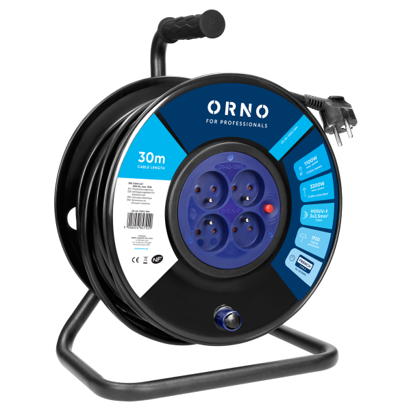 Przedłużacz bębnowy, 4 gniazda 2P+Z, kabel PVC H05VV-F 3x2,5mm2, długość 30m, termik, przesłony torów prądowych