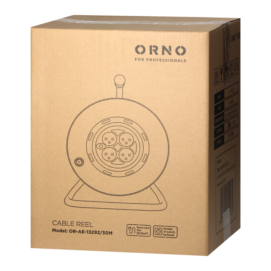 Cable reel, 4x 2P+E sockets, PVC, H05VV-F 3x1.5mm² - 50m, fixed sockets, anti-twist system, overload protection