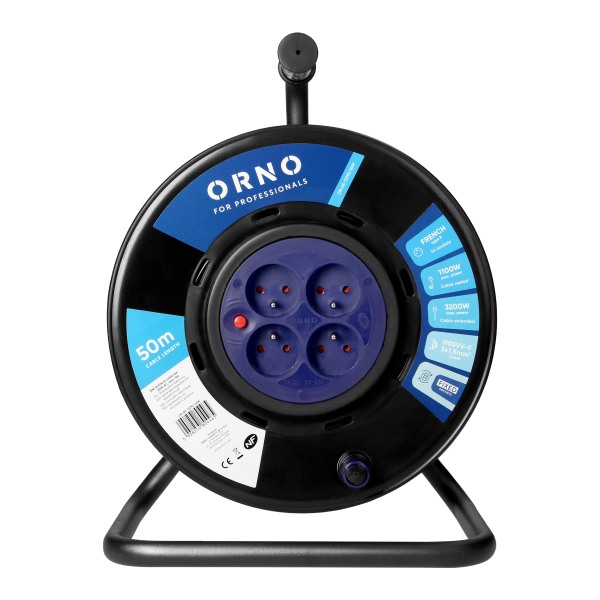 Cable reel, 4x 2P+E sockets, PVC, H05VV-F 3x1.5mm² - 50m, fixed sockets, anti-twist system, overload protection