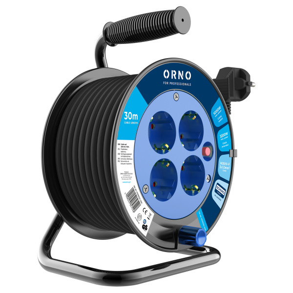 Cable reel with 4 sockets, 30m, Schuko, PVC, H05VV-F 3x1.0mm2 - 30m, 4x2P+E (Schuko), thermal switch
