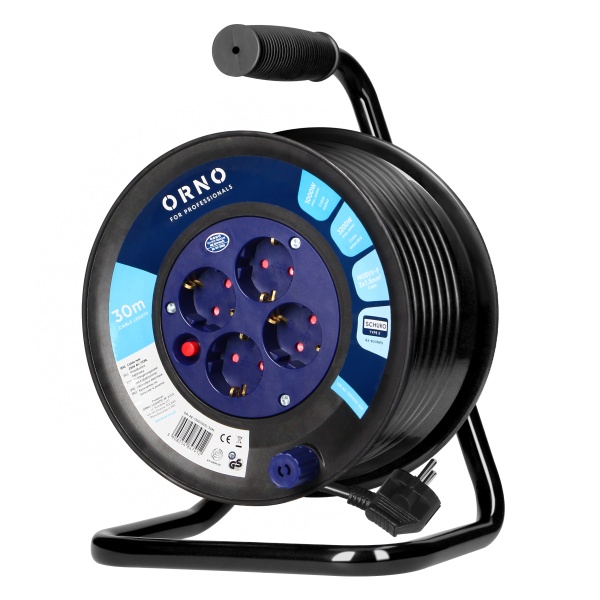 Cable reel, 4 sockets, 2P+E, Schuko type, PVC H05VV-F 3x1.5mm2, 30m, overload protection, safety shutters