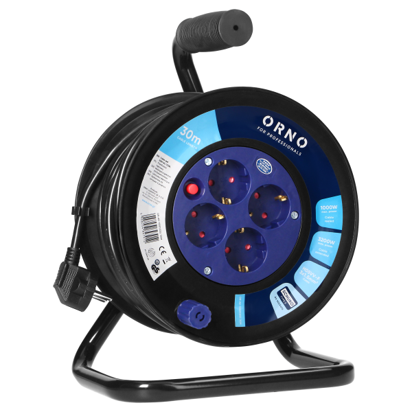 Przedłużacz bębnowy, 4 gniazda 2P+Z (schuko), kabel PVC H05VV-F 3x1.5mm2, długość - 30m, termik, przesłony torów prądowych