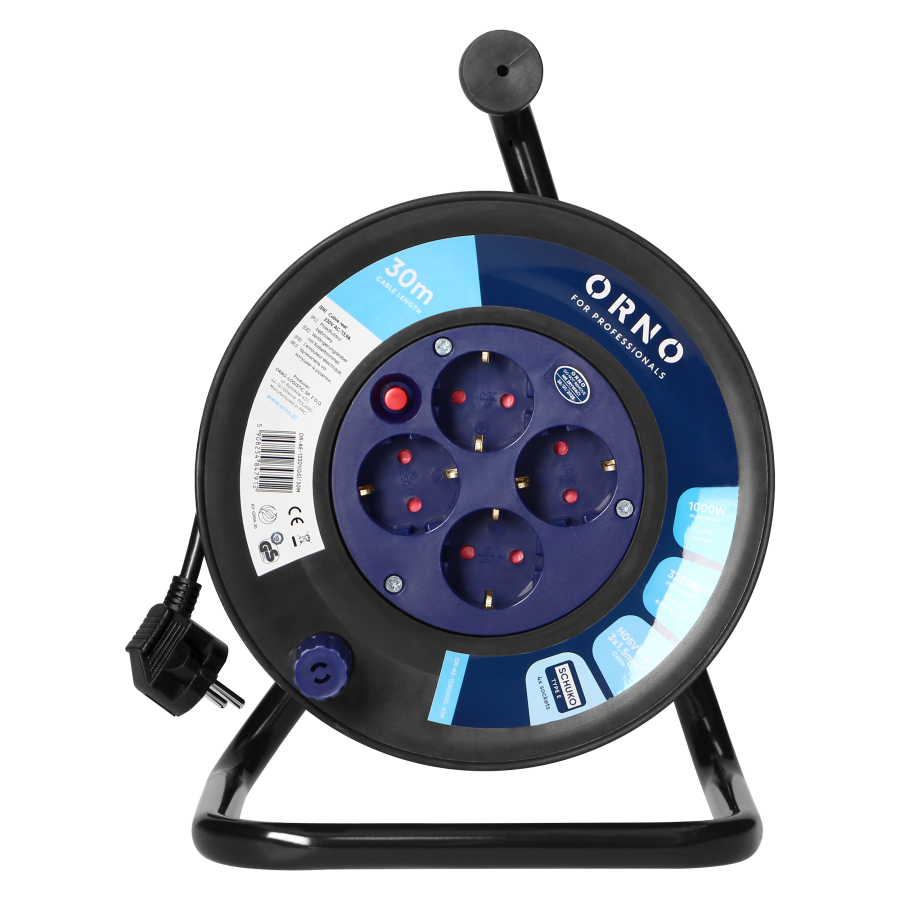 Cable reel, 4 sockets, 2P+E, Schuko type, PVC H05VV-F 3x1.5mm2, 30m, overload protection, safety shutters