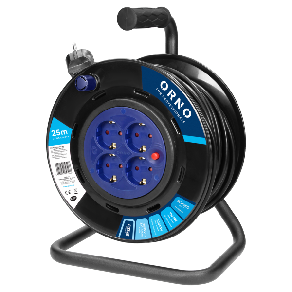Cable reel with 4 fixed sockets, 2P+E Schuko type, PVC, H05VV-F 3x1.5mm2, 25m, overload protection, safety shutters
