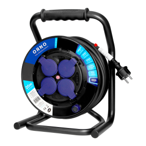 Przedłużacz bębnowy profesjonalny IP44, 4 gniazda 2P+Z, kabel gumowy olejoodporny, H07RN-F 3x2,5mm², długość 20m, unikatowy stojak CUBE, STAŁE GNIAZDA, termik, przesłony torów prądowych.