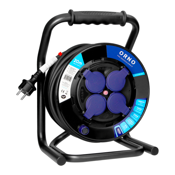 Przedłużacz bębnowy profesjonalny IP44, 4 gniazda 2P+Z, kabel gumowy olejoodporny, H07RN-F 3x2,5mm², długość 20m, unikatowy stojak CUBE, STAŁE GNIAZDA, termik, przesłony torów prądowych.