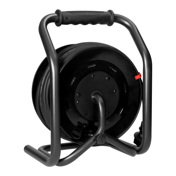 Przedłużacz bębnowy profesjonalny IP44, 4 gniazda 2P+Z, kabel gumowy olejoodporny, H07RN-F 3x2,5mm², długość 20m, unikatowy stojak CUBE, STAŁE GNIAZDA, termik, przesłony torów prądowych.