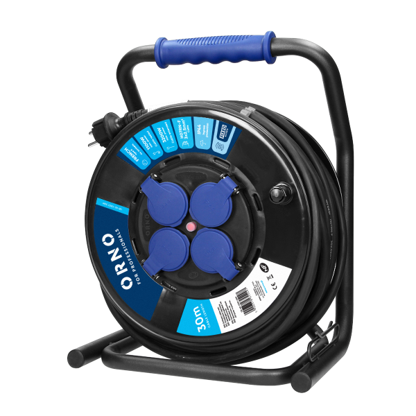 Cable reel with 4 fixed socket IP44 30m, 4 socket 2P+E, rubber oil-resistant cord, H07RN-F 3x2.5mm2, CUBE, thermal switch and safety shutters
