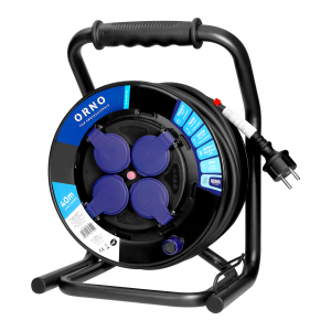 Przedłużacz bębnowy profesjonalny IP44, 4 gniazda 2P+Z, kabel gumowy olejoodporny, H07RN-F 3x2,5mm², długość 40m, unikatowy stojak CUBE, STAŁE GNIAZDA, termik, przesłony torów prądowych.