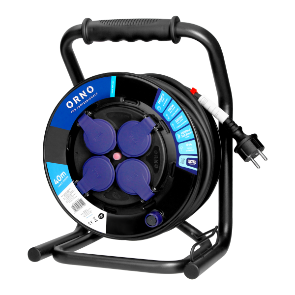Przedłużacz bębnowy profesjonalny IP44, 4 gniazda 2P+Z, kabel gumowy olejoodporny, H07RN-F 3x2,5mm², długość 40m, unikatowy stojak CUBE, STAŁE GNIAZDA, termik, przesłony torów prądowych.