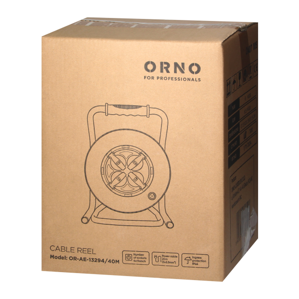 Przedłużacz bębnowy profesjonalny IP44, 4 gniazda 2P+Z, kabel gumowy olejoodporny, H07RN-F 3x2,5mm², długość 40m, unikatowy stojak CUBE, STAŁE GNIAZDA, termik, przesłony torów prądowych.