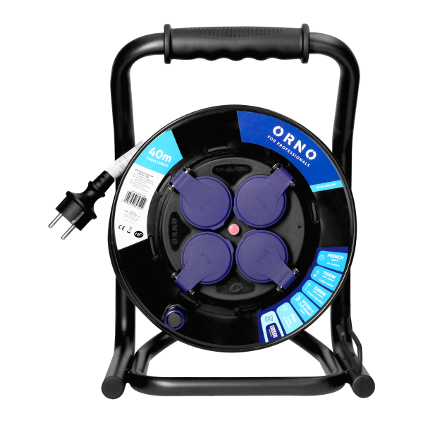 Cable reel, rubber cord, IP44, H07RN-F 3x2.5mm² - 40m, 4 fixed sockets