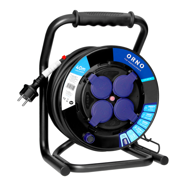 Przedłużacz bębnowy profesjonalny IP44, 4 gniazda 2P+Z, kabel gumowy olejoodporny, H07RN-F 3x2,5mm², długość 40m, unikatowy stojak CUBE, STAŁE GNIAZDA, termik, przesłony torów prądowych.