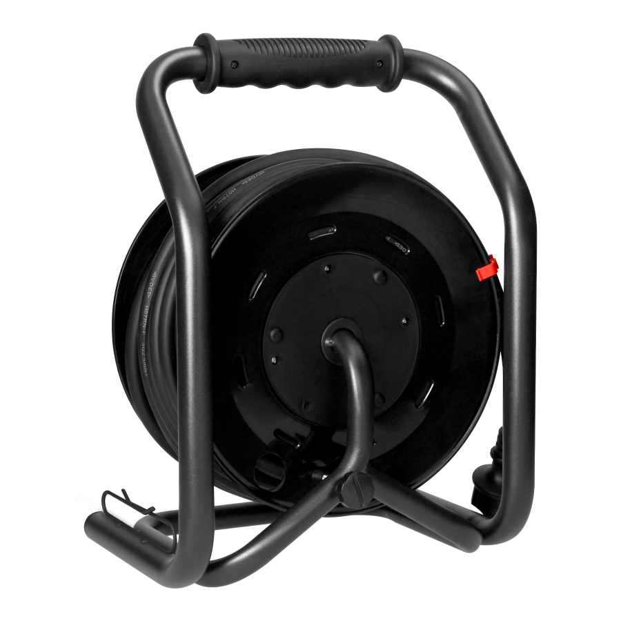 Przedłużacz bębnowy profesjonalny IP44, 4 gniazda 2P+Z, kabel gumowy olejoodporny, H07RN-F 3x2,5mm², długość 40m, unikatowy stojak CUBE, STAŁE GNIAZDA, termik, przesłony torów prądowych.