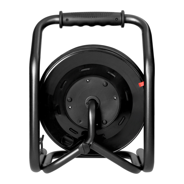 Przedłużacz bębnowy profesjonalny IP44, 4 gniazda 2P+Z, kabel gumowy olejoodporny, H07RN-F 3x2,5mm², długość 40m, unikatowy stojak CUBE, STAŁE GNIAZDA, termik, przesłony torów prądowych.