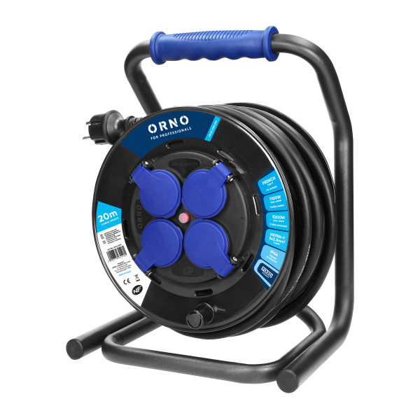 Cable reel with 4 fixed sockets IP44, schuko, 20m, H07RN-F 3x2.5mm2, with anti-twist system, metal CUBE, overload protection, rubber carying grip
