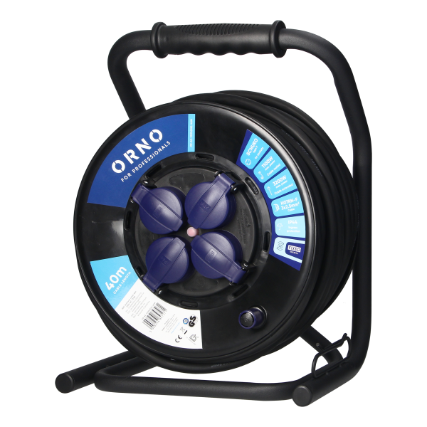 Cable reel, rubber cord, IP44, H07RN-F 3x2.5mm² - 40m, 4 x 2P+E (schuko) fixed sockets