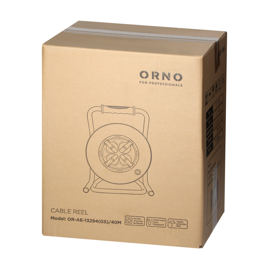 Cable reel, rubber cord, IP44, H07RN-F 3x2.5mm² - 40m, 4 x 2P+E (schuko) fixed sockets