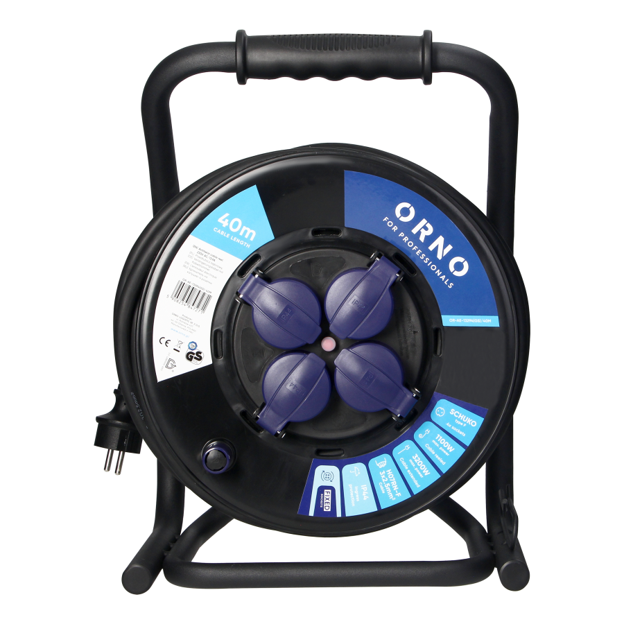 Cable reel, rubber cord, IP44, H07RN-F 3x2.5mm² - 40m, 4 x 2P+E (schuko) fixed sockets