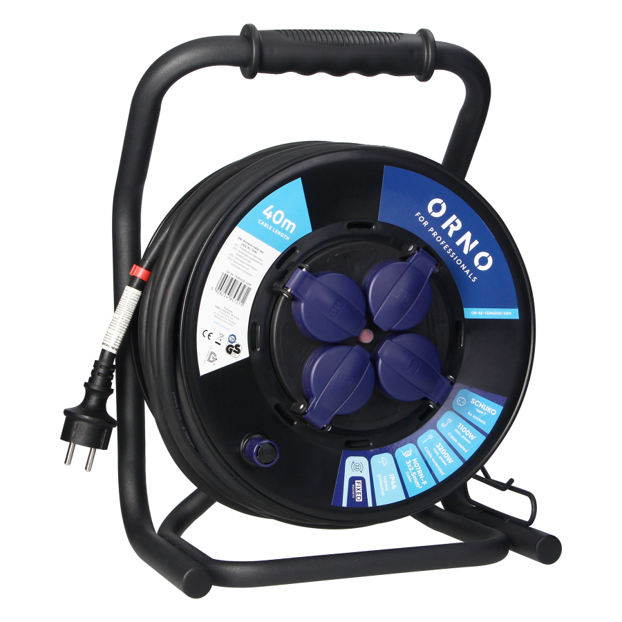Cable reel, rubber cord, IP44, H07RN-F 3x2.5mm² - 40m, 4 x 2P+E (schuko) fixed sockets