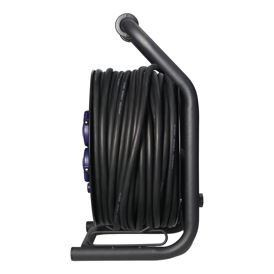 Przedłużacz bębnowy profesjonalny IP44, 4 gniazda 2P+Z (Schuko), kabel gumowy olejoodporny, H07RN-F 3x2,5mm², długość 40m, unikatowy stojak CUBE, STAŁE GNIAZDA, termik, przesłony torów prądowych.