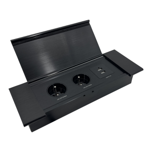 Gniazdo meblowe wpuszczane w blat z płaskim frezowanym rantem, uchylną klapką, ładowarką USB i przewodem 1,5m, 2x2P+Z (French), 2xUSB (typ A+C; 3,6A), czarne