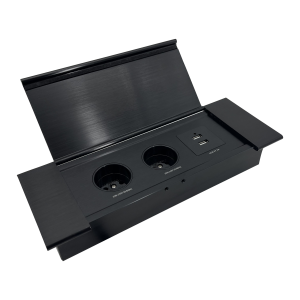 Recessed furniture socket with flat milled edge, tiltable cover, USB charger and 1.5 m cable, 2x2P+E (Schuko), 2xUSB (type A+C; 3,6A), black