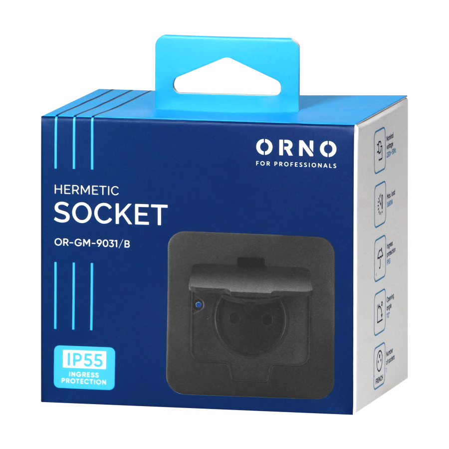 Hermetic socket, rectangular, IP55, black