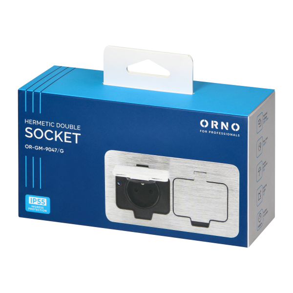 Hermetic double socket, rectangular, IP55, silver