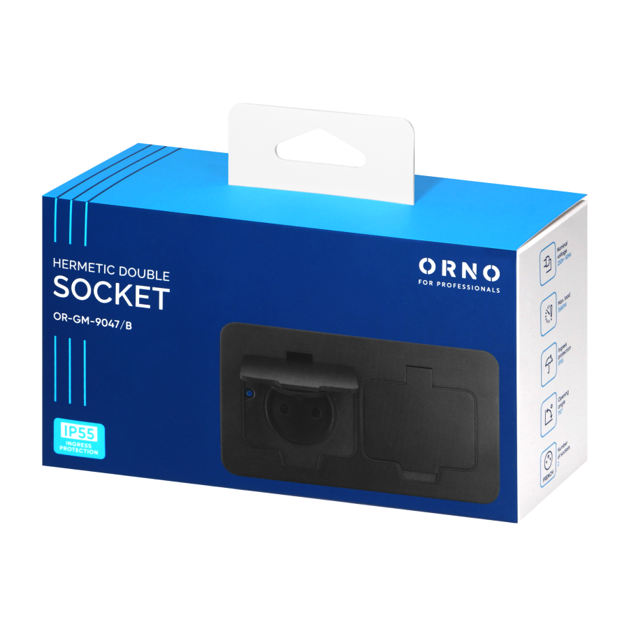 Hermetic double socket, rectangular, IP55, black