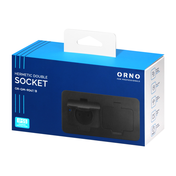 Hermetic double socket, rectangular, IP55, black