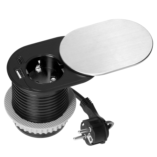 Recessed furniture socket with USB charger and sliding cover, 1.9m cable, 1x2P+E (Schuko), 2xUSB (type A+C; PD20W), silver