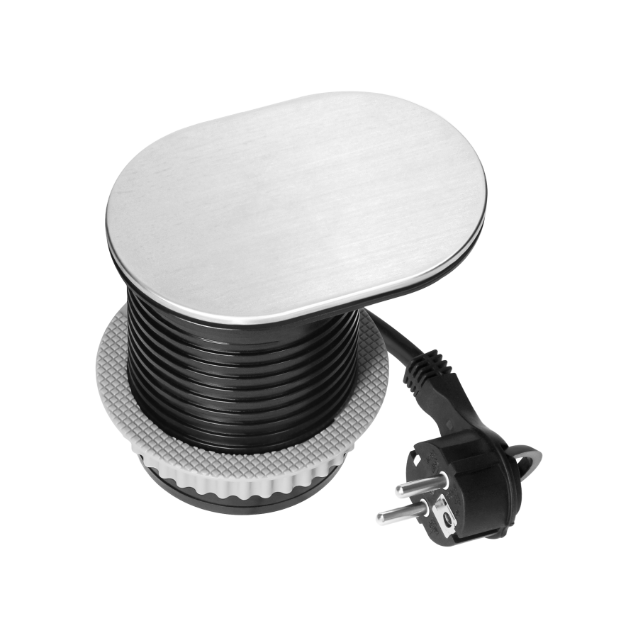 Recessed furniture socket with USB charger and sliding cover, 1.9m cable, 1x2P+E (Schuko), 2xUSB (type A+C; PD20W), silver