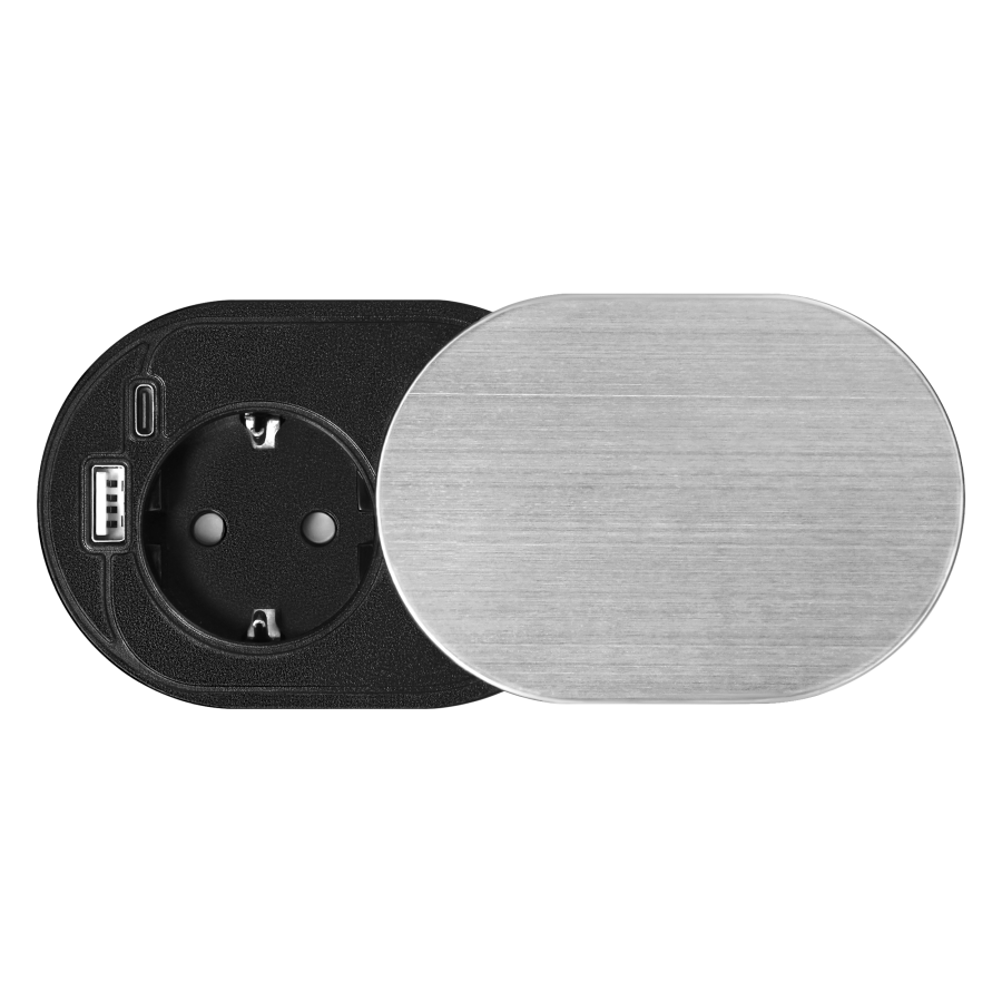 Recessed furniture socket with USB charger and sliding cover, 1.9m cable, 1x2P+E (Schuko), 2xUSB (type A+C; PD20W), silver