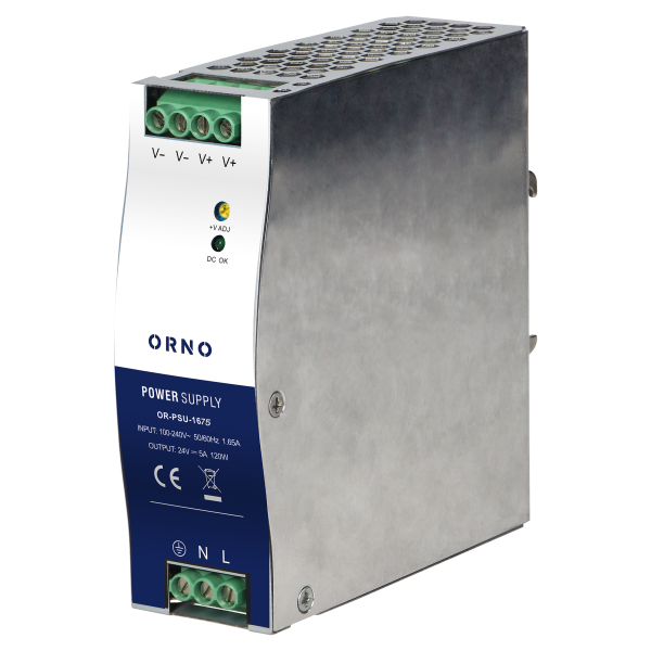 Industrial power supply for a DIN rail, 24VDC, 5A, 120W, metal housing