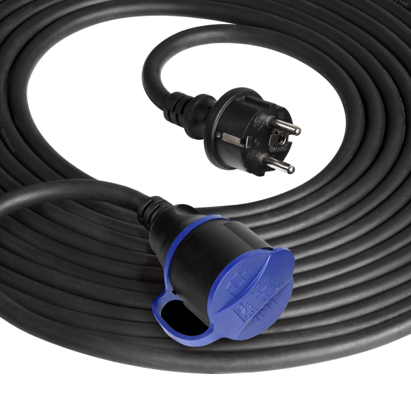 Heavy-duty extension cabe with rubber cable 10m long, IP44, schuko