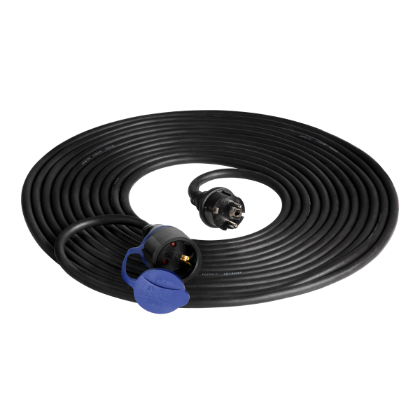 Heavy-duty extension cord with rubber cable 20m long, IP44, schuko
