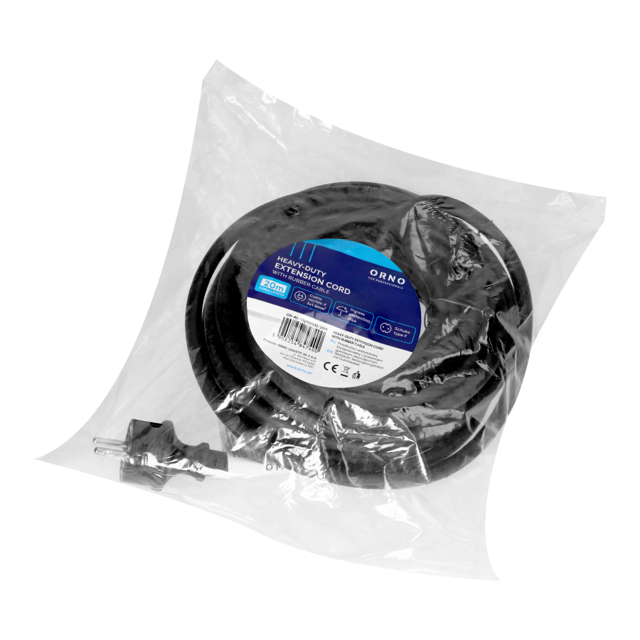 Przedłużacz warsztatowy bryzgoszczelny IP44, 1x2P+Z 20m,kabel gumowy olejoodporny H07RN-F 3x1,5mm², 230VAC/16A, schuko